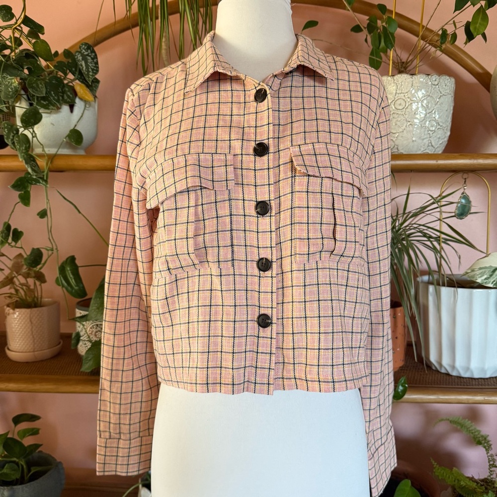 Urban Outfitters Pleasant Pink Plaid Button-Up Cropped Button Shirt Top M NWT